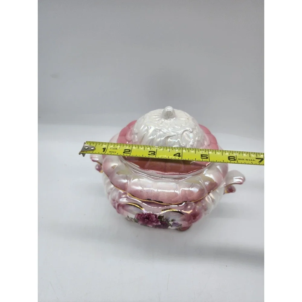 Vintage Pink Lusterware Floral Ceramic Lidded Dish Gold Trim Footed Tureen 6x7